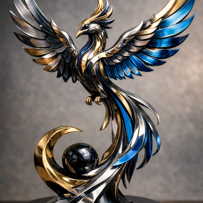 Golden Blue Phoenix Abstract Metal Sculpture