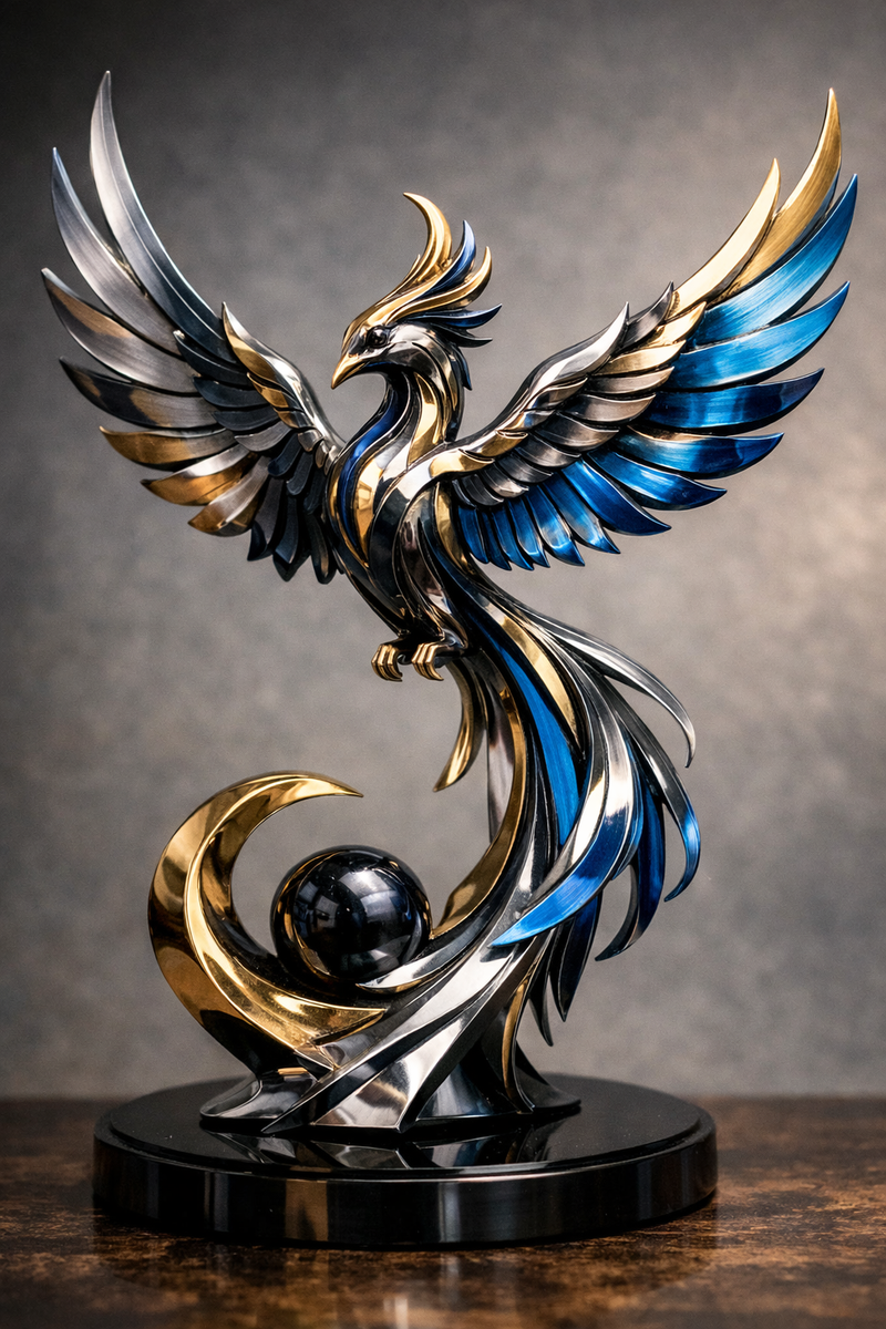 Golden Blue Phoenix Abstract Metal Sculpture